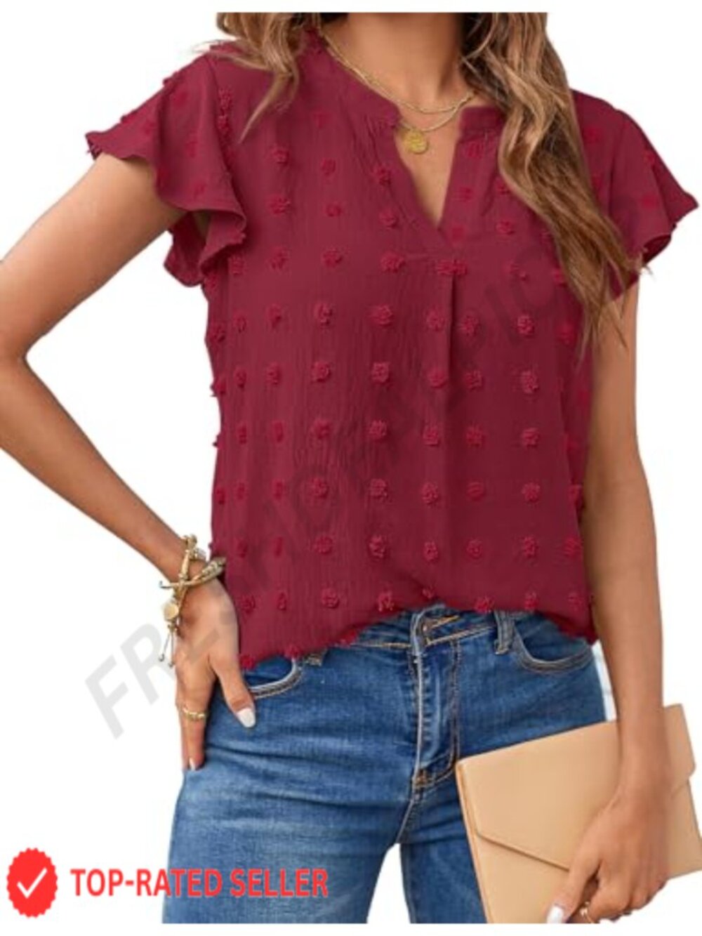 Womens Summer Ruffle Sleeve V Neck Blouse Casual Tunic Shirt